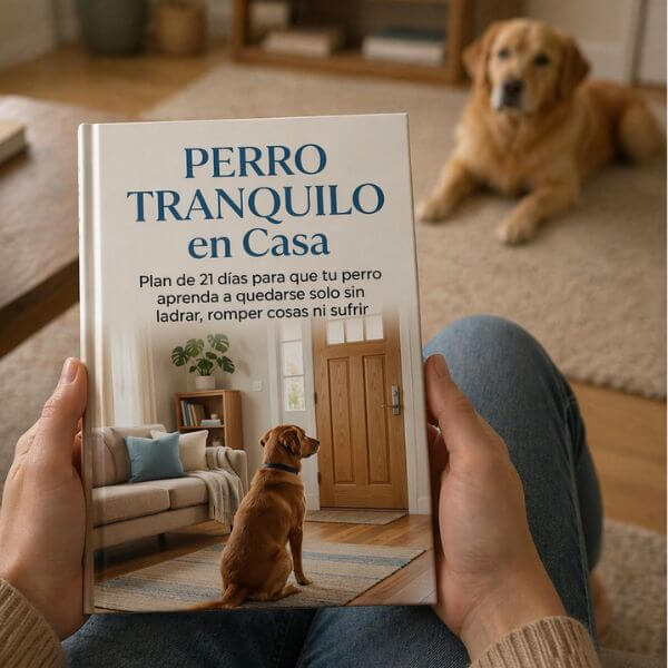 Mockup del pack digital Perro Tranquilo en Casa con guía principal y bonus en PDF
