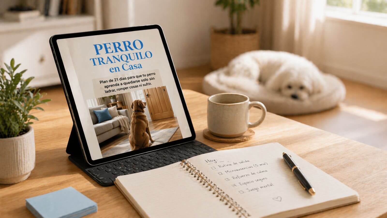 Plan Perro Tranquilo en Casa: tablet con la guía y cuaderno con la rutina diaria