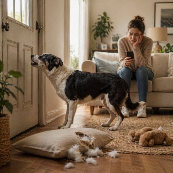 Perro con ansiedad por separación junto a su dueña preocupada y cojín destrozado
