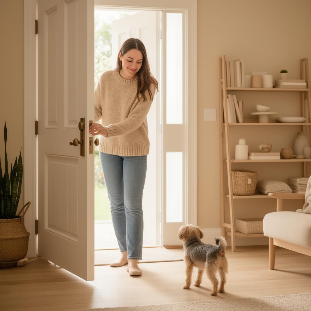 Dueña volviendo a casa y encontrando a su perro tranquilo, con sensación de alivio